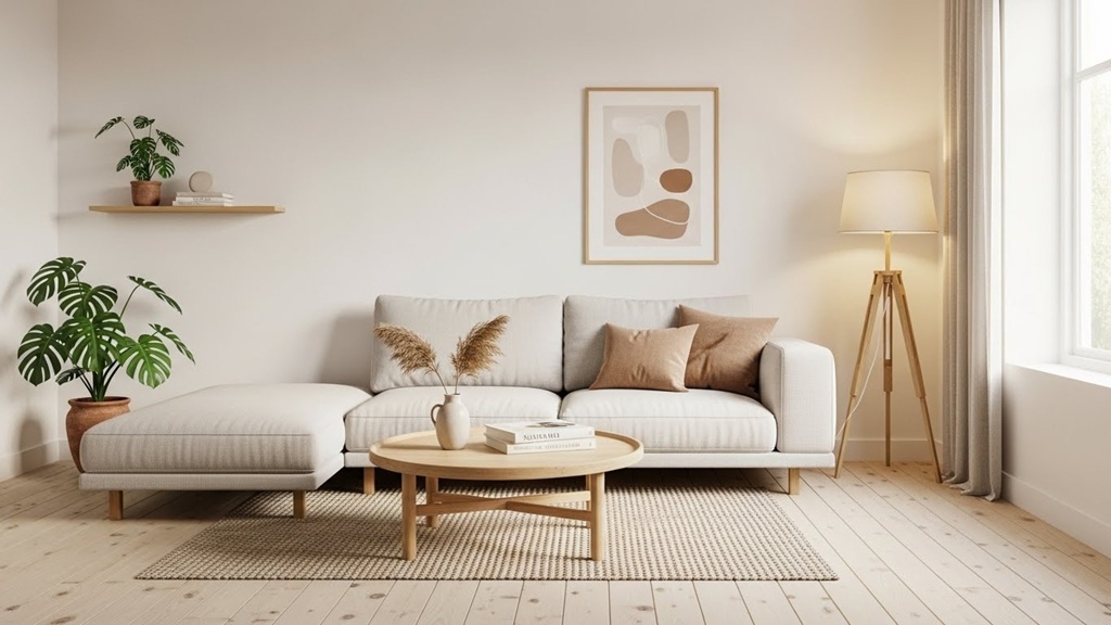Warm minimalist decorating using natural wood and linen