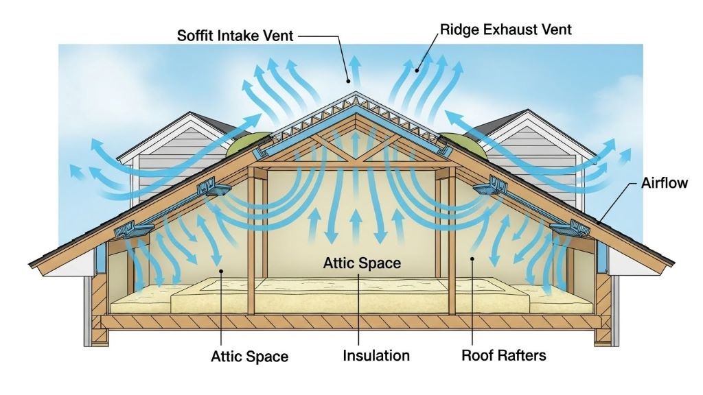 Cross-section diagram of attic ventilation system showing soffit intake vents and ridge exhaust vents with airflow arrows