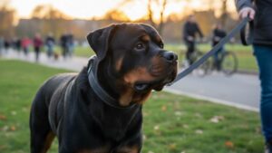 Black Rhino dog collar on a strong breed dog during a walk in the park
