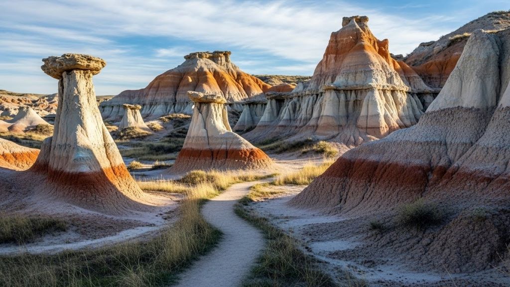 Hiking trail winding through eroded clay spires and hoodoos at Paint Mines Interpretive Park near Calhan, Colorado