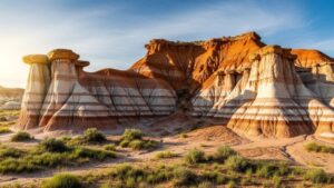 Colorful hoodoo rock formations at Paint Mines Interpretive Park in Colorado with layered orange, white, and pink clay