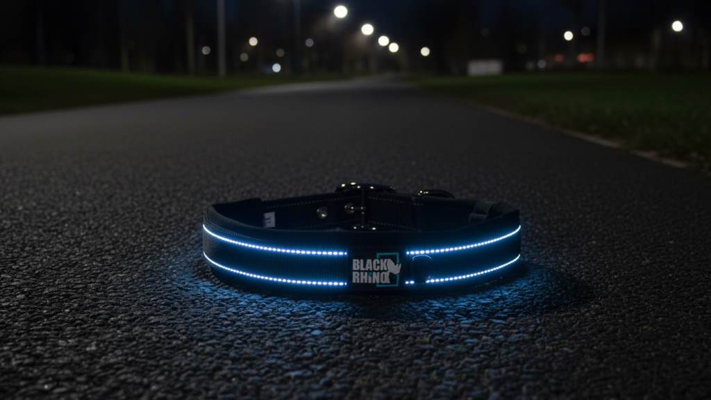 Reflective strips on Black Rhino collar glowing in low light for night safety