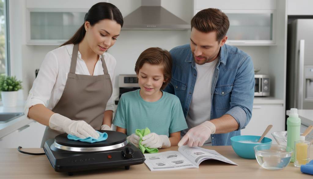 Family cleaning cooled OVENTE single burner hot plate with damp cloth following safety guidelines