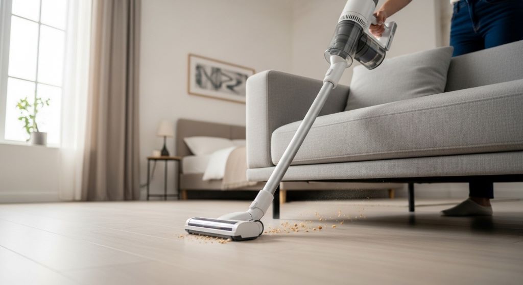 Lightweight cordless vacuum cleaning under sofa in studio apartment showing maneuverability and slim design for tight spaces