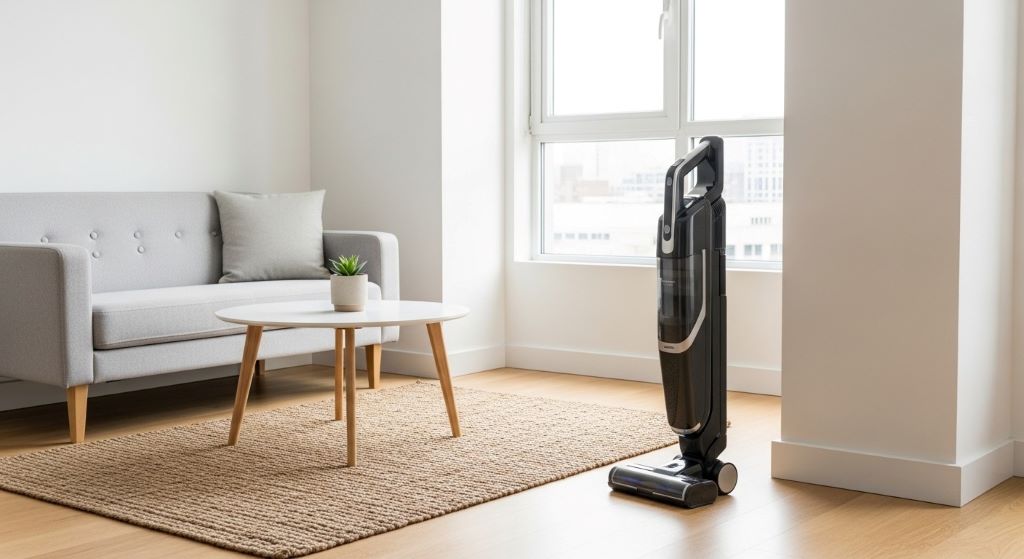 Compact cordless stick vacuum standing upright in modern small apartment living room with hardwood floors and minimal furniture