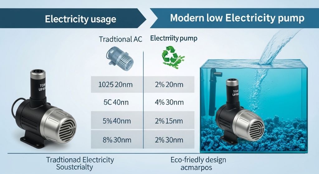 Comparison chart displaying electricity usage between traditional AC pump and modern low electricity fish tank pump with eco-friendly design