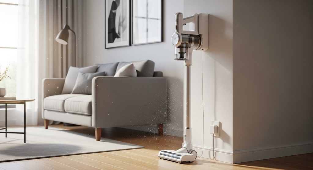 Lightweight home cleaner being used in studio apartment living room