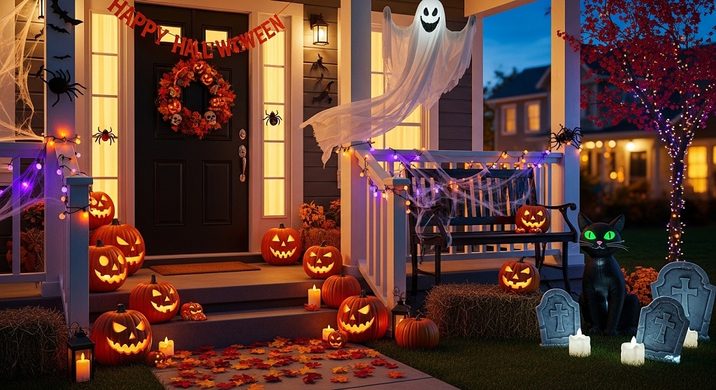 Living room Halloween decorations with candles pumpkins and bat wall decor