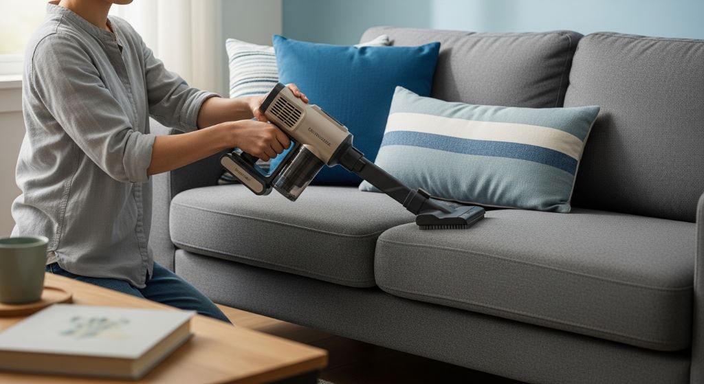 A person using a cordless handheld vacuum with an upholstery attachment to clean a gray fabric sofa at home