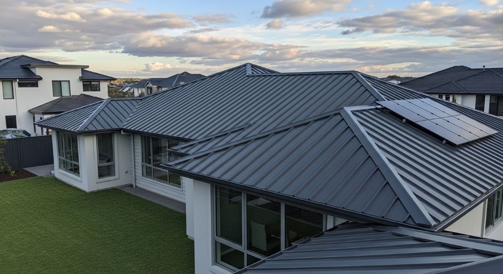 A newly installed metal roof on a suburban home in 2026, showcasing one of the most popular durable roof types for energy efficiency and long-term weather resistance