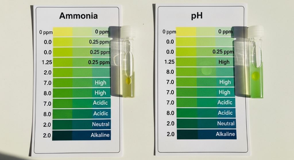 Color chart comparison for aquarium water test results showing ammonia and pH levels