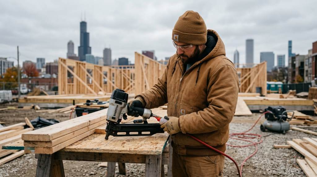 Air compressor and nail gun maintenance setup at commercial construction project in Illinois