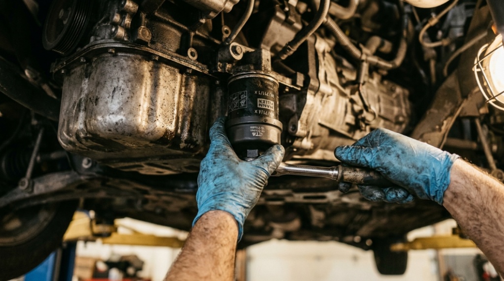 removing stuck oil filter with strap wrench tool close-up