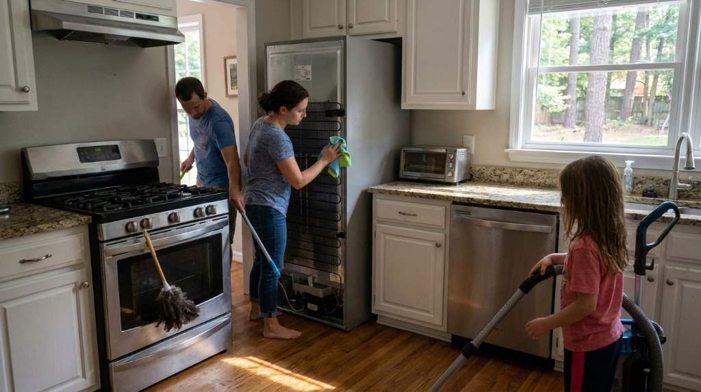 Homeowner vacuuming behind stove to remove kitchen dust buildup