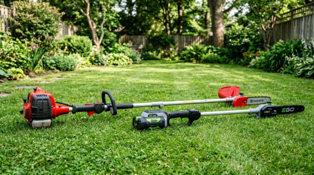 Side-by-side comparison of a gas pole saw and a battery pole saw laid on a garden lawn showing size difference