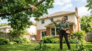 Gardener using a cordless pole saw to prune a tall tree branch in a suburban backyard on a sunny day