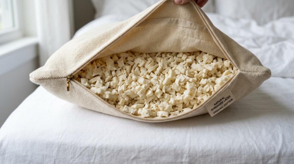 Close-up of a shredded latex pillow filling inside an organic cotton cover on a clean white bedsheet