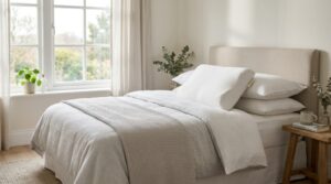 A white natural latex pillow on a neatly made bed with soft morning light coming through a bedroom window