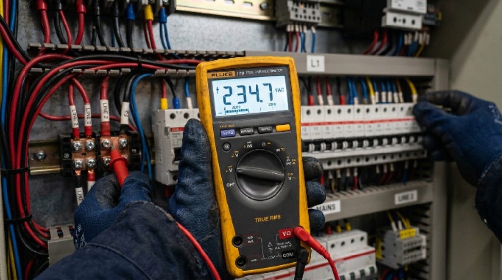 Close-up of a digital multimeter display showing precise voltage reading during professional electrical testing