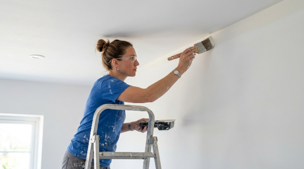 A painter using an angled paint brush to cut in along a ceiling edge for a smooth, clean finish on a white wall