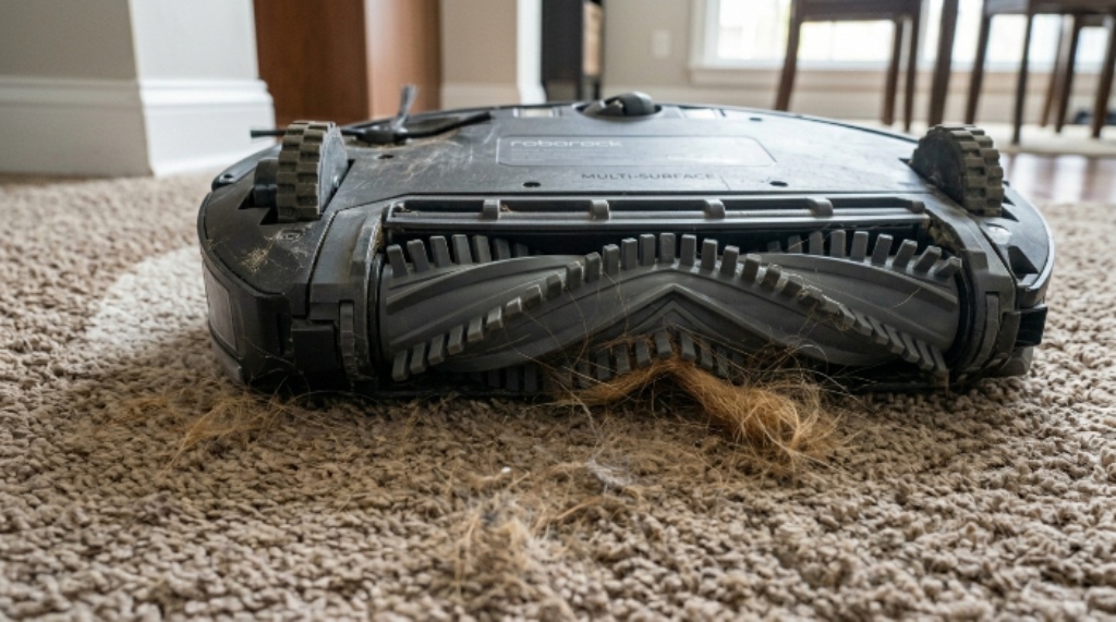 Close-up of a robot vacuum's sensors and brush roll on a white tile floor