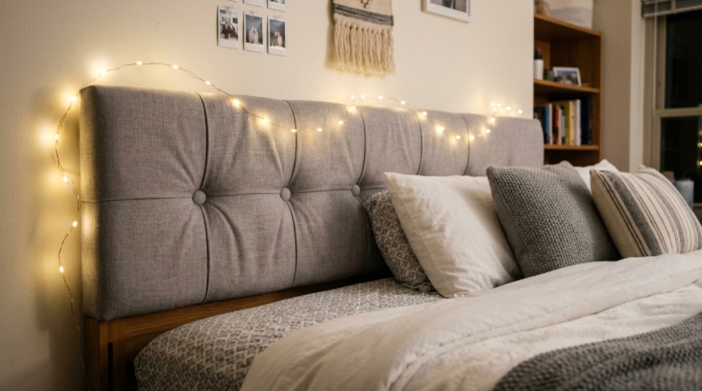 Close-up of a faux tufted headboard panel with soft button detailing placed behind a neatly made dorm bed with fairy lights above