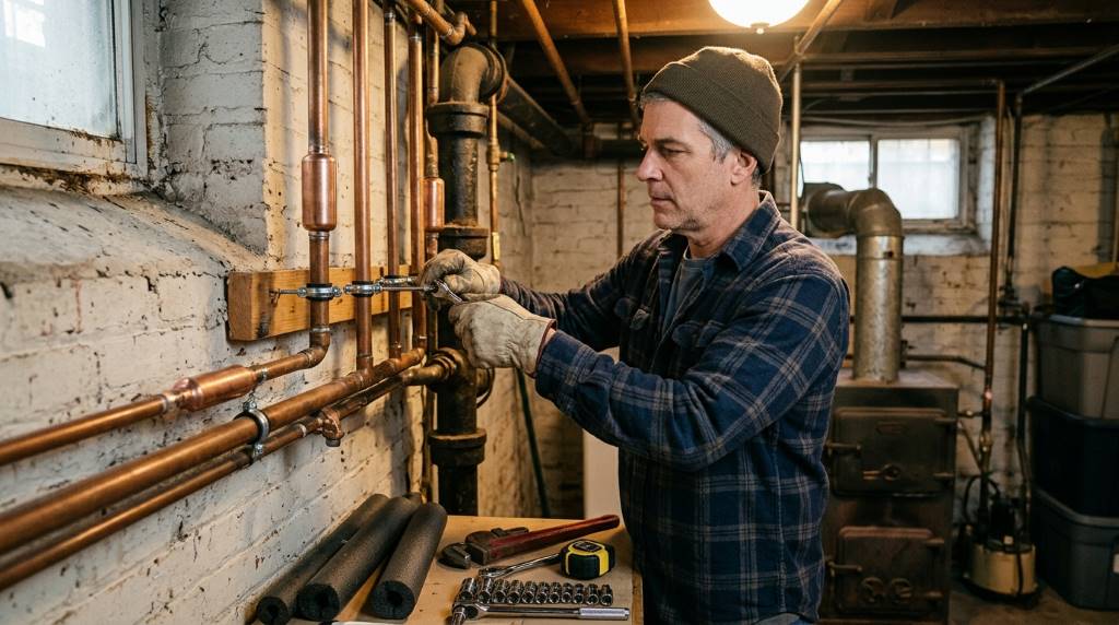 Old New York apartment plumbing pipes with visible insulation and brackets