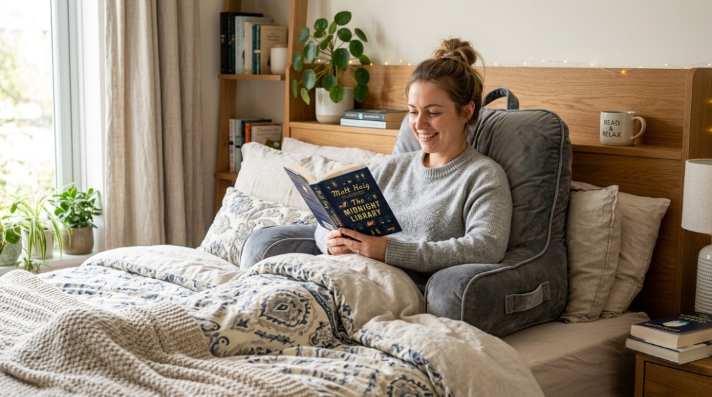 backrest reading pillow with arm support on bed