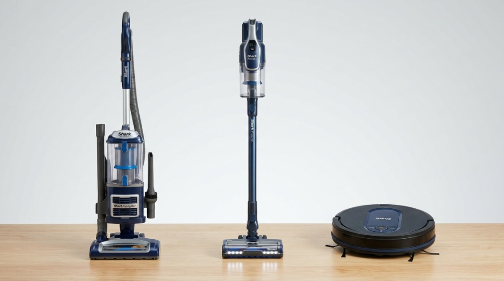 A circular Shark AI Robot vacuum intelligently navigating around living room furniture.