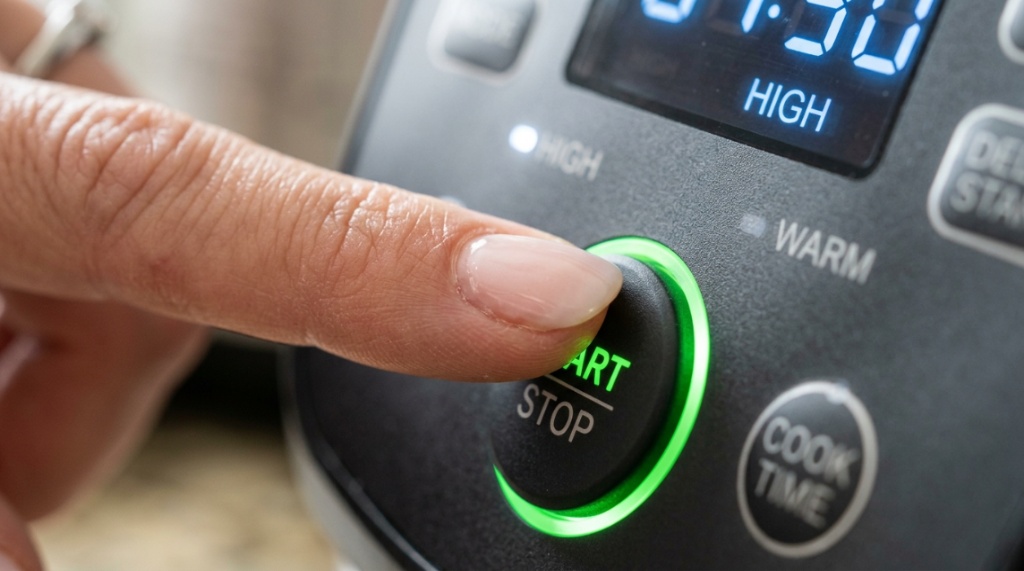 Hand pressing buttons on digital slow cooker control panel.