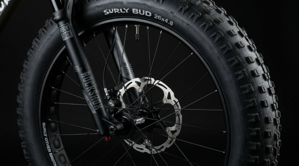 Close up of a wide fat tire mountain bike wheel and disc brake.