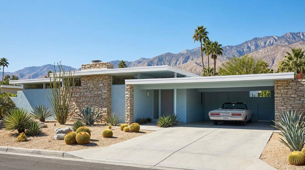 Retro Palm Springs house with desert landscaping and clean modern lines
