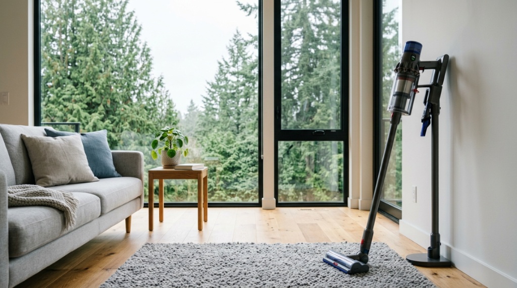 A cordless vacuum suctioning dried mud and pine needles on an entryway mat.