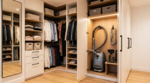 Compact canister vacuum neatly tucked away inside a modern, organized closet.